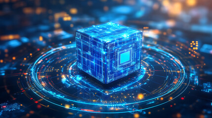 Fototapete - A blue cube with data and circuit lines floating in the center of an abstract circle, surrounded by light effects