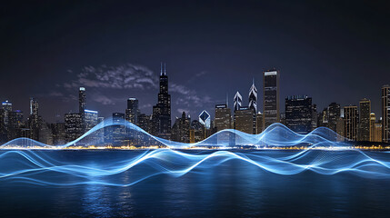 Poster - A city skyline at night with digital waves and lines representing the power of technology, symbolizing urban modernity and connectivity