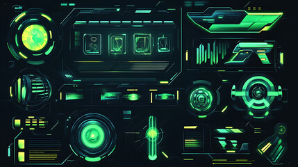 Leinwandbilder - Featuring futuristic callouts and titles in HUD style, this template includes information call bars and neon design elements in a digital tech style, suitable for games and user apps