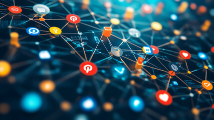 Aufkleber - A digital illustration of interconnected social media icons, representing the global reach and community aspect in marketing