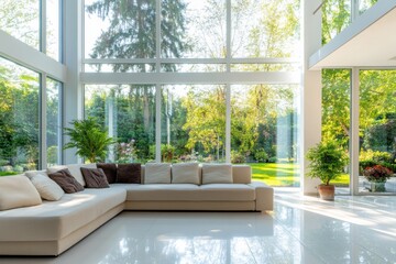 Aufkleber - This spacious living room features large glass windows that provide a vivid view of the green garden outside, filled with natural light. Generative AI