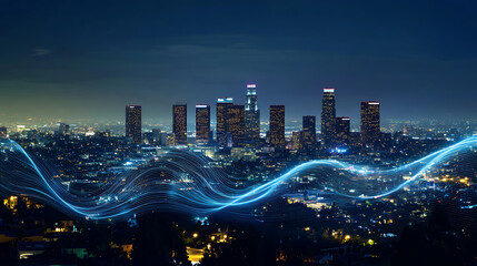 Aufkleber - A city skyline at night with digital waves and lines representing the power of technology, symbolizing urban modernity and connectivity