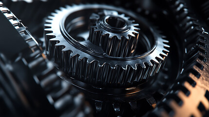 Fototapete - Gears are black with a dark wallpaper, a close-up of a gearbox featuring a unique color feature, Industrial mechanical background featuring planetary gear