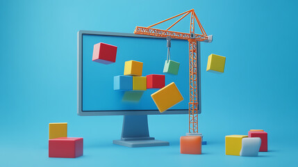 Poster - A high-resolution image showcasing a modern computer monitor with colorful blocks being meticulously arranged by a tiny construction crane, symbolizing website UX and UI design process