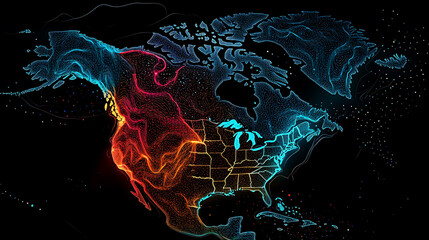 Aufkleber - Abstract Digital Outline of North America on Dark Background, Futuristic Geographic Illustration