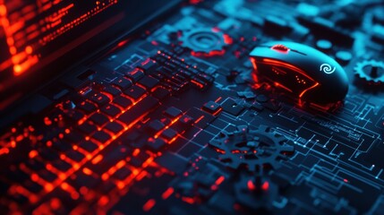 Leinwandbilder - The composition showcases a keyboard and mouse with glowing details and a gear overlay, emphasizing digital creativity and efficiency. Generative AI