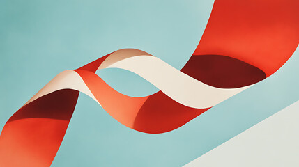 Poster - A minimalistic poster design with a large red and white abstract shape on the right side, representing an extreme closeup of two ribbons intertwined in midair