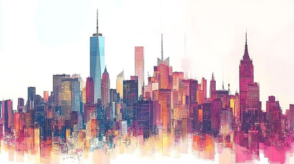Poster - A vibrant digital art of the New York skyline, with buildings made up entirely from pixelated colors and shapes, representing technology's role in modern city life