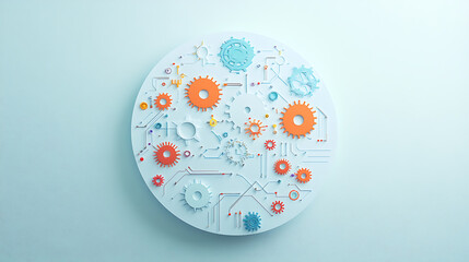 Aufkleber - A white circle with colorful gears and circuit board elements on a light blue background