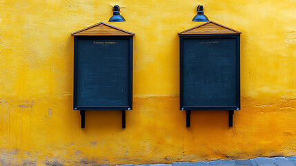 Aufkleber - Two black signboards offer a street-side advertising opportunity for restaurants, mounted on a vibrant yellow wall