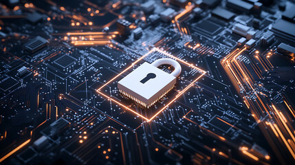 Aufkleber - A white lock on the left side of an electronic circuit board, with digital data and security concept background, symbolizing network protection