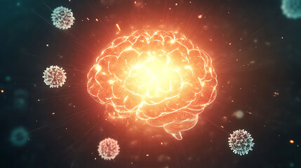 Aufkleber - Animated brain with a bright glowing splash symbolizing pain and surrounded by circular white cells representing brain cells in the center