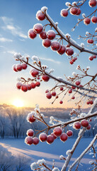 Wall Mural - Red berries on a snowy tree branch against a blue sky