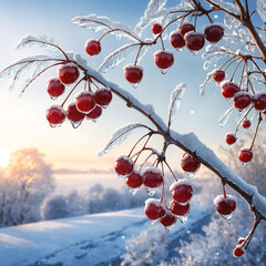 Wall Mural - Red berries on a frosty tree branch against a winter sky