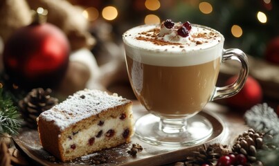 Poster - A glass of coffee with whipped cream and a piece of cake on a plate