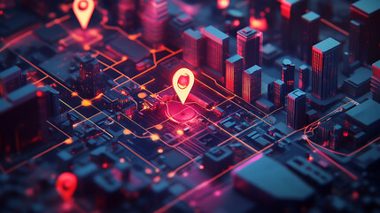 Poster - Illustration of an isometric city map with pins and markers, highlighting different locations for mobile business products or services