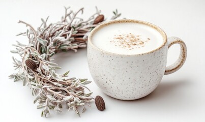 Poster - A white coffee cup with a wreath of dried leaves on top