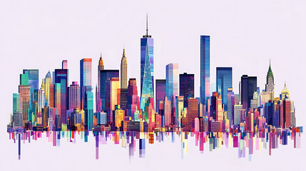 Poster - Abstract digital art of the New York skyline, with buildings made up of colorful pixelated shapes and colors, representing technology in urban design