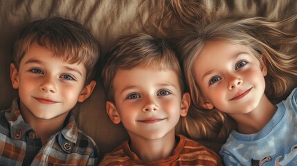 happy family with two children lying down and looking at camera - portrait