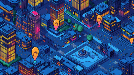 Fototapete - Illustration of an isometric city map with pins and markers, highlighting different locations for mobile business products or services