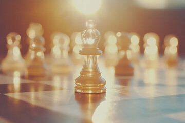 A chess game setup with a glass pawn in the foreground and all other glass chess pieces arranged behind it, creating a striking and elegant composition.

