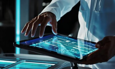 Scientist Interacting with Futuristic Tablet