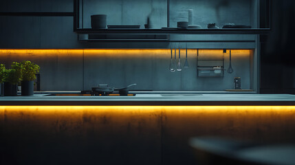 Poster - During the night, modern kitchen with a minimalist design and high-end materials like concrete and glass is lit by LED strips, Basic kitchen utensils made of premium materials complement the kitchen