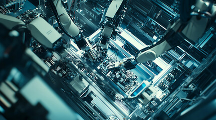 Aufkleber - Automated robotic arms assembling components in a high-tech electronics manufacturing facility