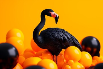 Wall Mural - Elegant Black Swan with a Red Beak Standing Among Black and Yellow Spheres on a Vibrant Yellow Background, Concept of Bold Design and Modern Art