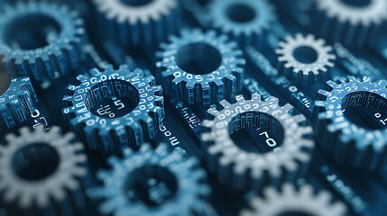 Fototapete - Blue background with gears and binary code, representing the technology of machine learning in digital marketing