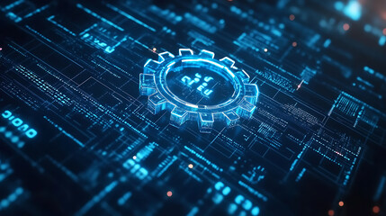 Aufkleber - Blue gear faded outline on digital background with binary code and abstract tech elements for technology or machine concept