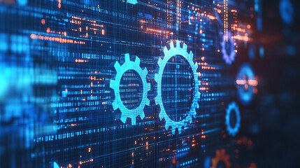 Fototapete - Blue gear faded outline on digital background with binary code and abstract tech elements for technology or machine concept