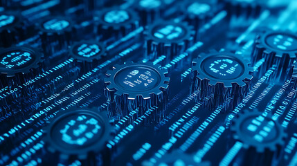 Aufkleber - Blue background with gears and binary code, representing the technology of machine learning in digital marketing