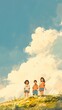 © AS Photo Family - Three friends wander calmly on a gentle hill under a vast blue sky filled with fluffy white clouds in this tranquil illustration.
