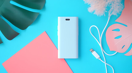 Poster - Charging power bank, Portable powerbank with white usb cable for charger mobile phone or smartphone battery, Modern technology concept in top view