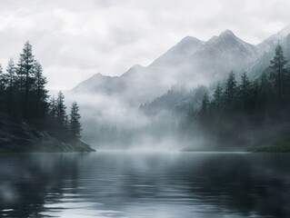 landscape of foggy lake with overcast sky and dark scenery at the morning, mysterious lake backgroun