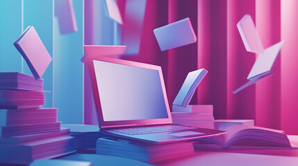 Leinwandbilder - The transition from traditional books to digital formats is depicted in a laptop, highlighting the digitization of education