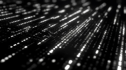 Fototapete - Cinematic dark black background with binary code waves The wave pattern is made of white numbers on the surface