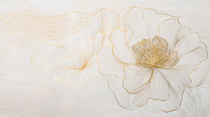 Poster - White background with thin golden lines, hand drawn waves, lines and shapes in the form of large flowers