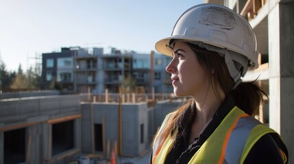 Wall Mural - a woman in a hard hat and safety vest observes a construction site in the background.