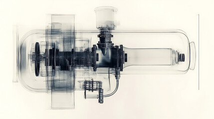 Poster - X-ray image of a water pump in black and white style, layered composition, white background