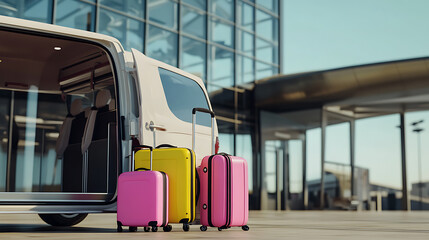 Poster - A minibus with the rear door open in front of an airport terminal, Pink, yellow and silver suitcases sit next to the vehicle as passengers prepare for the trip