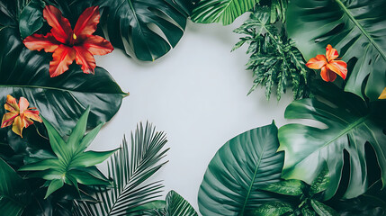 Poster - Tropical summer background with colorful leaves and plants white space in the center of frame
