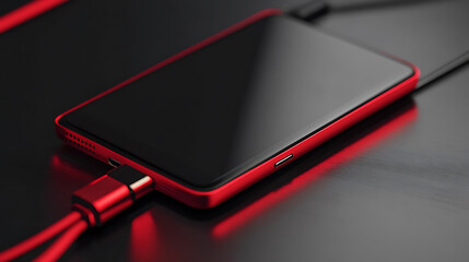 Fototapete - Battery charge smartphone with cable usb-c, energy charge, red & black colors
