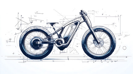 Aufkleber - Futuristic simple design of an E-Bike, clean linear design black and white, blueprints, white background