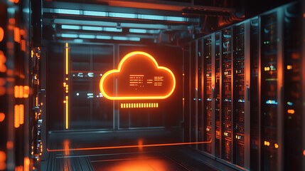 Leinwandbilder - Render of cloud computing with glowing orange color on dark background in a modern server room interior Cloud technology concept