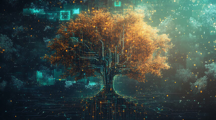 Aufkleber - A digital illustration of a tree with branches seamlessly integrated into a complex cyber data network, symbolizing the fusion of nature and technology