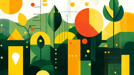 Aufkleber - An abstract stylized illustration depicting the concept of sustainability reporting, featuring colorful graphs representing environmental, social, and corporate governance (ESG) metrics