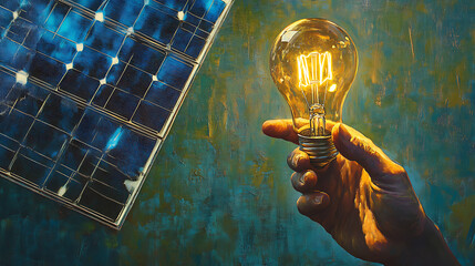 Poster - An eco-conscious hand grips a glowing light bulb symbolizing sustainable innovation, with a photorealistic solar panel artistically integrated in the backdrop