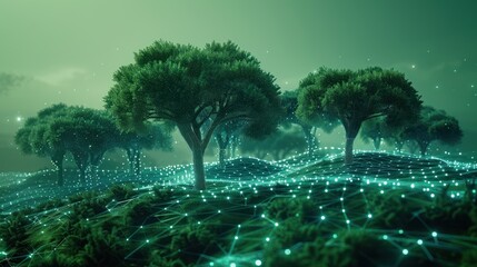 A digital network of glowing lines connects trees in a forest, creating a futuristic and ethereal landscape.